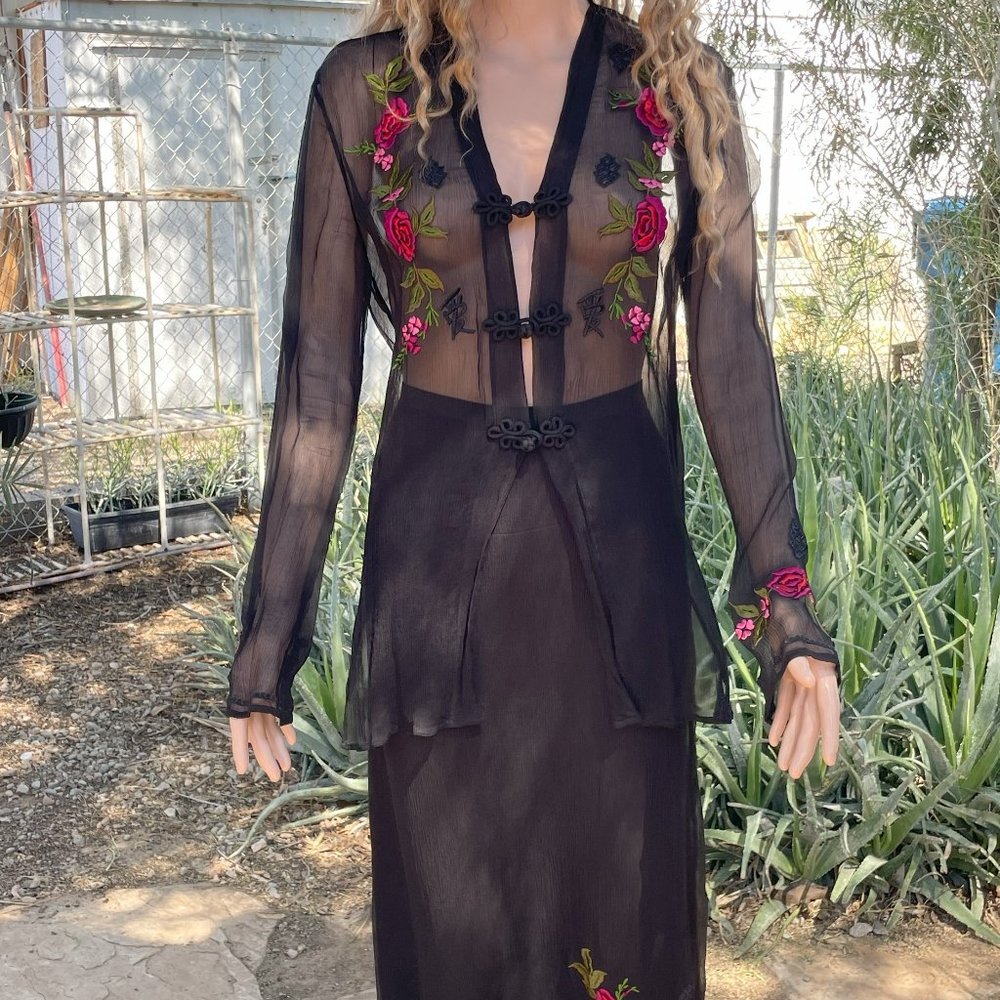 Carole Little Size 10 Embroidered Silk Two-piece Maxi Skirt and Top